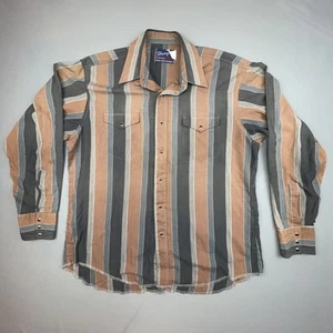 Vintage Wrangler Shirt Mens Large Brown Gray Stripe Pearl Snap Brushpopper Rodeo - Picture 1 of 12