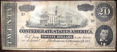 1864 $20 Confederate State Of America Note Circulated Stained Dmg P142 - Image 1 of 2