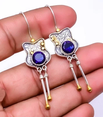 Pendiente de plata de ley 925 con zafiro azul (simulado) de dos tonos 2,34" E928411824 Foto 1 de 4