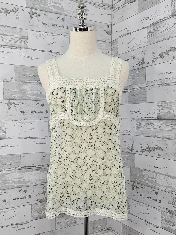 Camiseta sin mangas International Concepts Babydoll de encaje de seda para mujer 12 verde marfil floral Foto 1 de 4