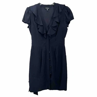 Bebe S 码 100% 黑色丝绸连衣裙纽扣前荷叶边袖口腰带 — 第 1/4 张图片