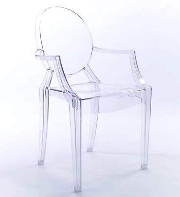Niches ' Louis' Carver Transparent Ghost Chair Clear Dressing Arm Dining Chairs. - Image 1 of 4