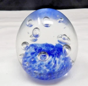 Vintage Blue & Clear Blown Art Glass Control Bubble Paperweight 3 1/4" Tall - Picture 1 of 5