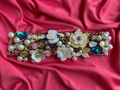 Betsey Johnson Beach Party Pink Blue Yellow Sequin Flower Iridescent Bracelet - Image 1 of 4