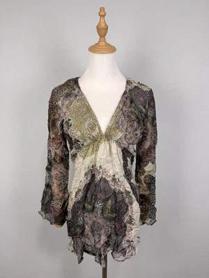 Adele Fado Multicolor 100% Silk Colorful Flowers V-Neck Slim Blouse Sz 40 - Image 1 of 4