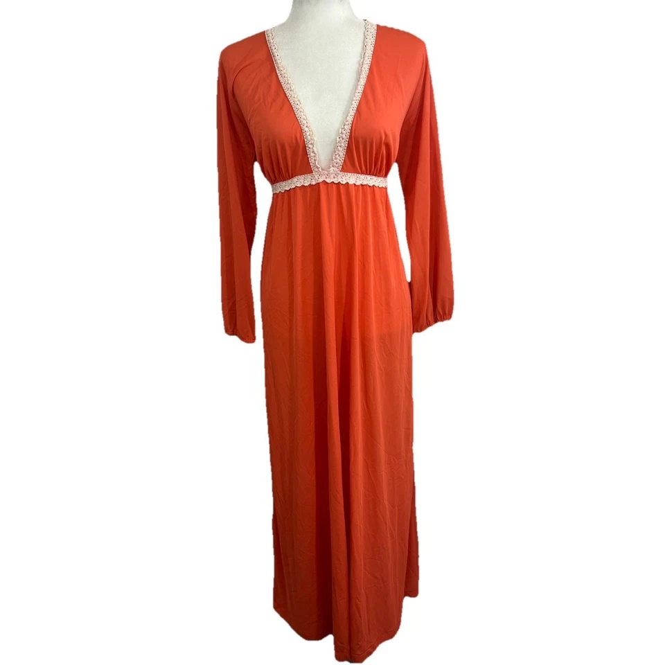 Vintage 60s Gilead Lace Trim Long Nightgown Empire Plunge Coral Women SZ Large - Image 1 of 4