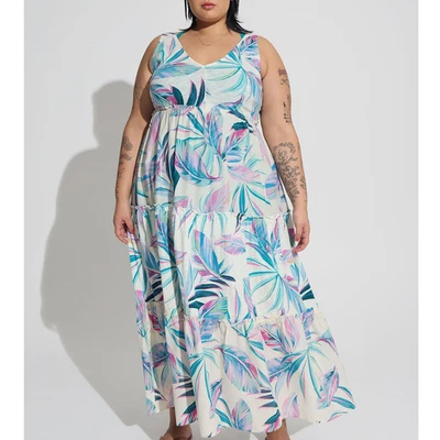 Vestido midi para el sol Torrid 1 (1x 14/16) hojas tropicales en niveles para nadar y cubrir playa Foto 1 de 3