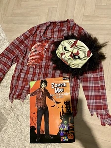 Halloween Zombie Man Shirt With 3D Latex Wound & Full Head Mask With Hair. L New - Picture 1 of 9
