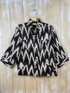 Chicos 100% Linen Luda Shacket Size 2 White Brown Ikat 3/4 Sleeve Jacket NWT - Picture 1 of 12