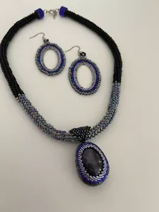 Ameythst Pendant on Beaded Tubular Necklace and Beaded Earring Set - Picture 1 of 7