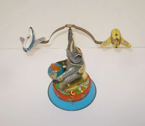 VINTAGE WIND UP TIN TOY ELEPHANT WITH CIRCLING AIRPLANES - Picture 1 of 8