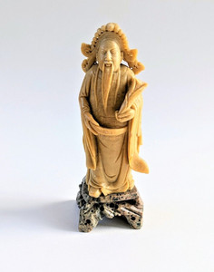 Vintage Carved Soapstone Chinese Man Figurine Statue with Headdress & Scepter
