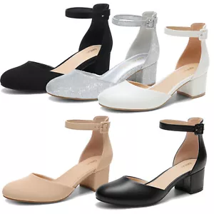 Women Ankle Strap Pumps Low Block Heels Round Toe Wedding Office Party Pumps - Picture 1 of 32