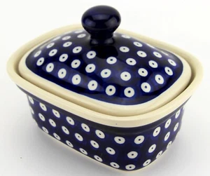 Tina de mantequilla de cerámica polaca 2 tazas capacidad Zaklady Boleslawiec en lunares - Imagen 1 de 3