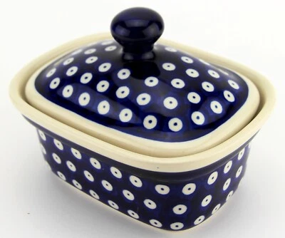 POLISH POTTERY MARKET Polish Pottery Butter Tub 2 Cups Capacity Zaklady Boleslawiec in Polka Dot