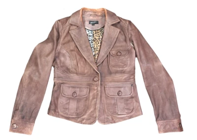Chaqueta negra remache G-III 100 % cuero para mujer MED estilo safari botón color leonado Foto 1 de 4