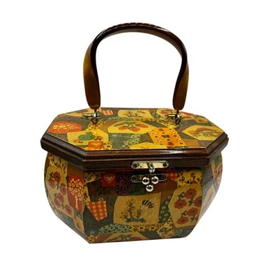Bolso de Mano Vintage Octágono Patchwork Marco de Madera Espejo Merry Go Round Artista Firmado Foto 1 de 4