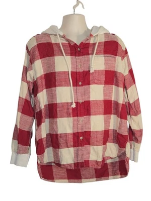 American Eagle Oversized Hooded Flannel Shirt L Red White Plaid Button Up - Image 1 of 3