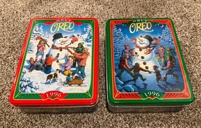 1996 Oreo Cookie Christmas Holiday Tins Snowy Day 1 red & 1 Green EMPTY - Image 1 of 4