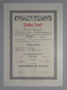 Meisterbrief Wagner - Urkunde Handwerkskammer Unterfranken Beruf - 1935 - Picture 1 of 3