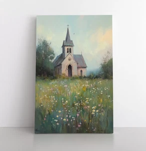 Impresión de pintura de iglesias y flores rurales vintage sobre lienzo enmarcado, silenciado neutro - Imagen 1 de 15