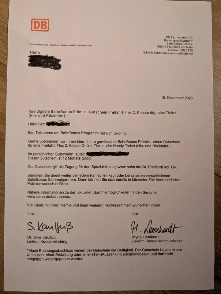 Deutsche Bahn Gutschein Freifahrt Flex 2. Klasse (Hin- +Rückfahrt) Ticket - Bild 1 von 1