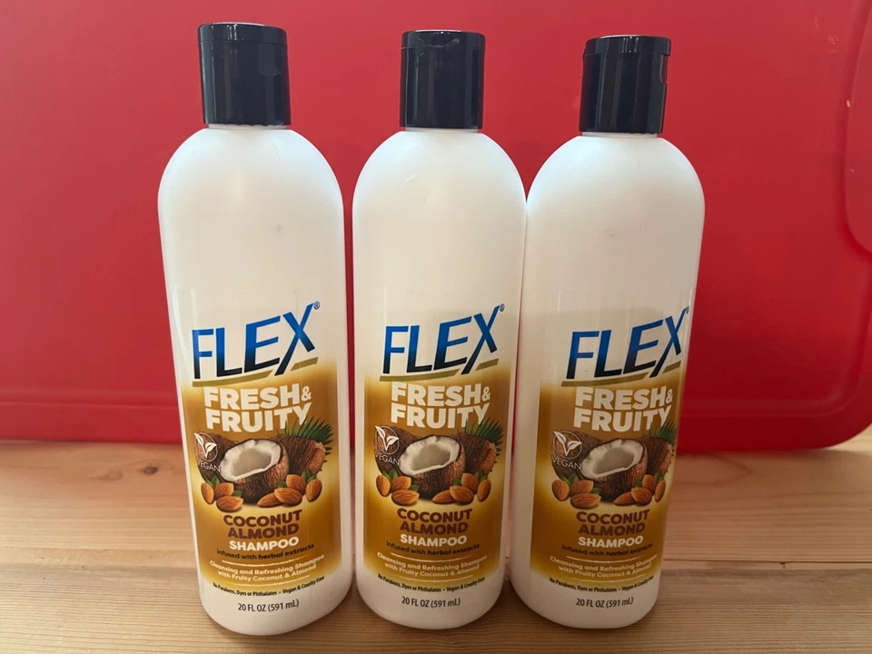 Lote de 3 Champú Flex Fresco y Frutado Coco Almendras 20 fl oz. TAMAÑO COMPLETO Foto 1 de 3