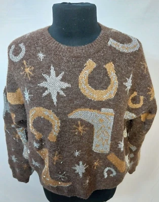 Zara 女式 M 码西部马蹄铁牛仔靴棕色毛衣 — 第 1/4 张图片