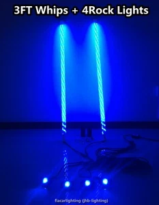  Pair 3FT RGB Color LED Bluetooth Ctrl Twisted Whip Lights +4PCS Rock Lights KIT - Picture 1 of 12