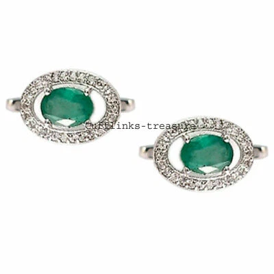 Natural Emerald & CZ Gemstones With 925 Sterling Silver Cufflinks For Men's#C666 Foto 1 de 3