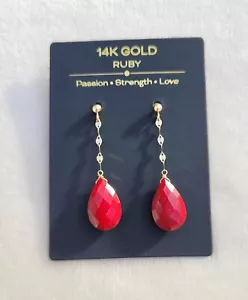 NEW 14k Solid Gold Natural Ruby Chain Drop Dangle Earrings - Picture 1 of 7