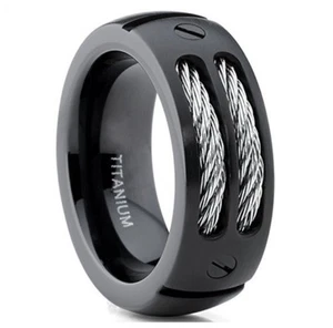 Titanium Black Stainless Steel Cables Men's Screw Design Wedding Band Ring M11 - Picture 1 of 3