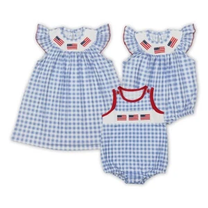 Sibling Toddler Girls July 4th Flags Smocked Dress and Romper - Picture 1 of 7