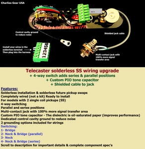Telecaster SS Solderless 4-way Wiring Upgrade + Parallel/Series +PIO Tone Cap - Picture 1 of 9