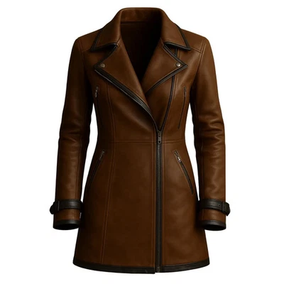 Women's Genuine Brown Leather Jacket:  Vintage Long Slim Fit Trench Coat - Image 1 of 4