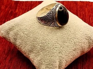 Vintage Yemeni 925 Sterling Silver Black Aqeeq/Agate Men Ring-W UK/ 11 US Size - Picture 1 of 8