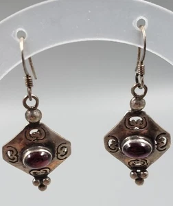 **Artisan STERLING SILVER & Garnet Dangle French Hook Earrings Stamped 925** - Picture 1 of 4