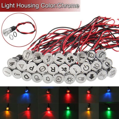 8/10/12/14/16mm  LED Simbolo Lampada Indicatore luce Pilota Spia Auto Chrome - Immagine 1 di 4