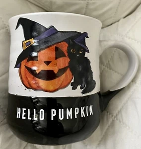Cobwebs and Cauldrons Coffee Mug HELLO PUMPKIN Jack-o-lantern Black Cat Tea Cup - Picture 1 of 4