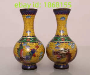 8′′ Paar Fengshui Kupfer Cloisonne Emaille Drache Phönix Blume Flasche Vase - Bild 1 von 9