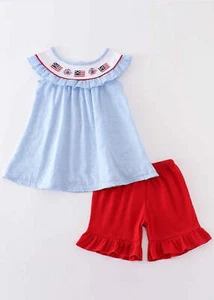 Girl's Boutique Patriotic Blue Swiss Dot Flag Two Piece Short Set Embroidery Emb - Picture 1 of 9