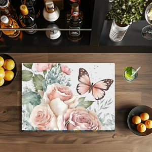 Pink Roses/Butterfly, 11x8" Tempered Glass Cutting Board, Sublimated, (cut130) - Picture 1 of 1