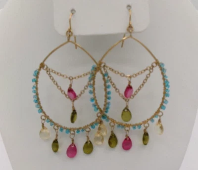 Boho Beaded French Hook Pierced Dangle Drop Multi Color Bead Statement Earrings - Image 1 of 3