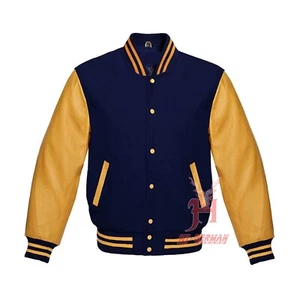 Men Varsity Letterman Bomber Navy Blue Wool Genuine Gold Leather Sleeves Jackets - Picture 1 of 6