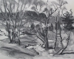 Larry Lerew drawing impressionism collectible original tree landscape COA nr - Picture 1 of 5