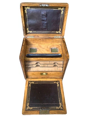 Antique Burled Walnut Portable Writing Desk Stationary Folding Box Rare Design - Image 1 of 4
