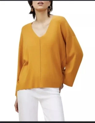 Lafayette 148 New York V-Neck Pointelle Sweater Size Small Golden Yellow - Image 1 of 4