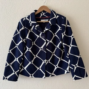 Boden Textured Blazer Jacket Size 8R Geometric Blue White Lined Cotton - Picture 1 of 12