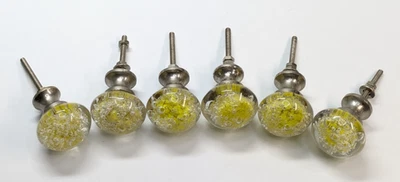 Juego de 6 perillas redondas de cajón de vidrio agrietado burbuja amarilla y plateada de colección Foto 1 de 4