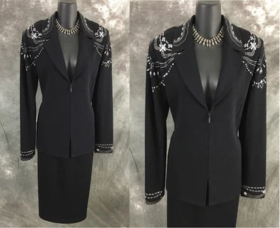 HERMOSA Chaqueta de Noche St John Tejido Negro Estrás Embellecido Blazer 10 Foto 1 de 4